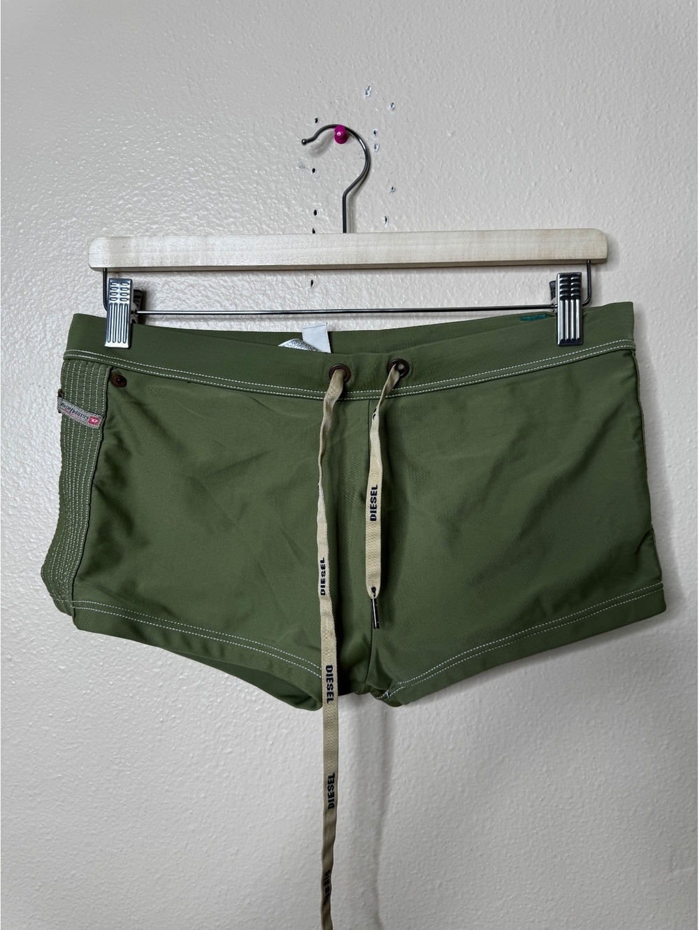 Diesel Beachwear Mens Size L Olive Green Square Leg Swim Trunks Drawstring Y2K